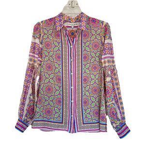 Hale Bob Trinia Medallion Print Cotton Button Front Blouse Bishop Sleeves Size S